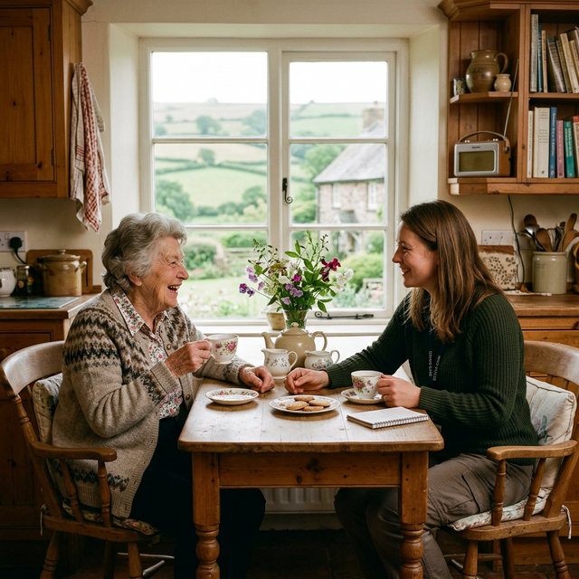 A caregiver and elderly person sharing tea in a cosy Devon kitchen